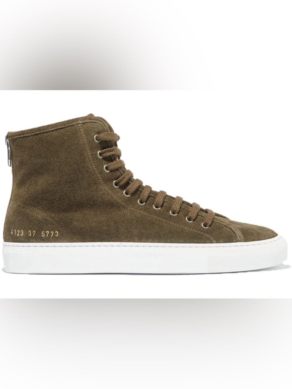 Women’s Common Projects Tournament Suede High
Olive. Size 38.